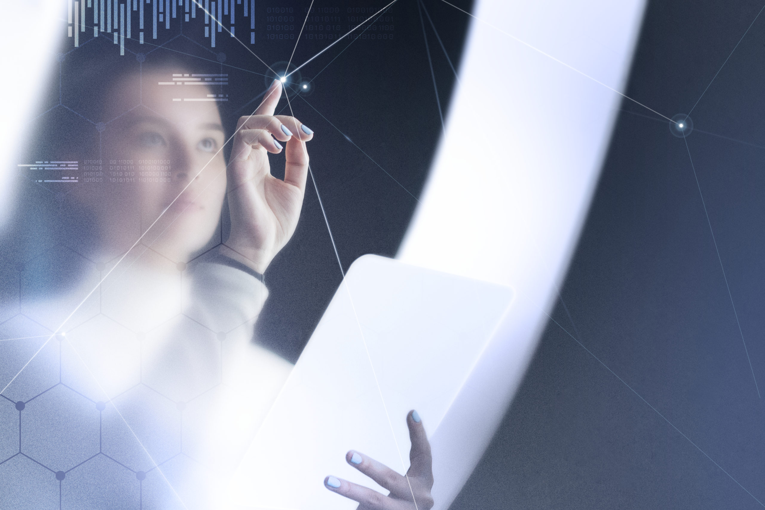 Futuristic networking technology remix with woman using virtual